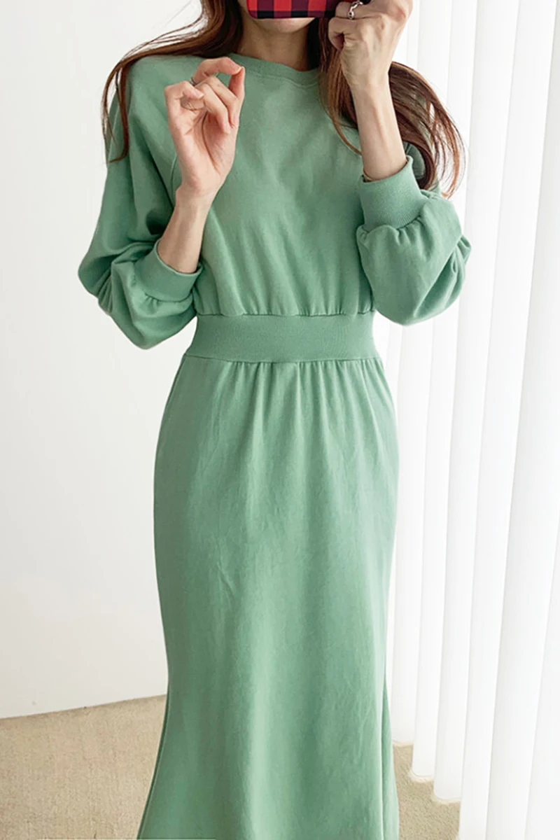 

WHCW CGDSR solid elegant vintage korean style autumn winter party loose 2020 dress women woman long sleeve dresses a-line vestid