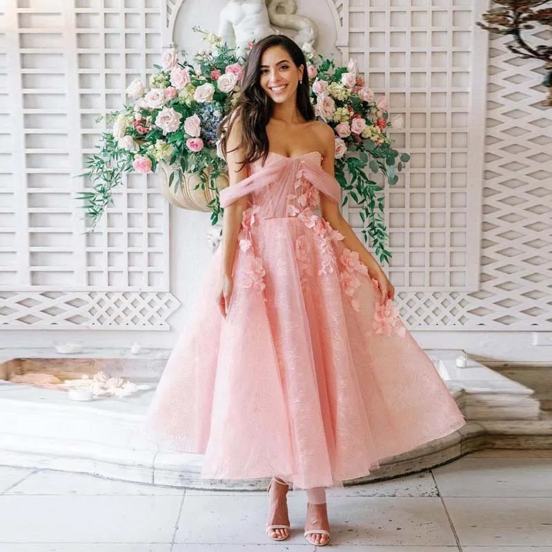 

Pink Elegant Casual Simple Women Dress Strapless A-Line Tea Length Tulle Applique Flower Evening Dress Party Dress Custom Made