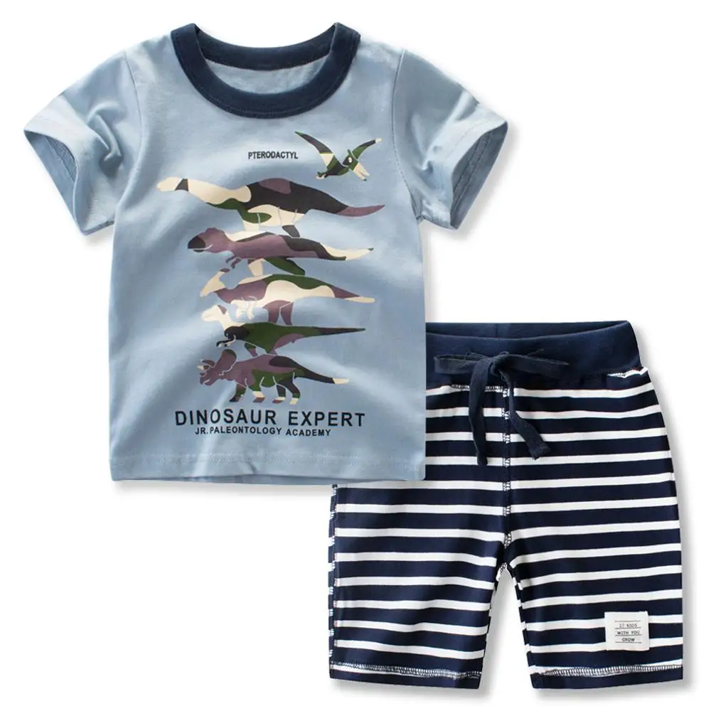 

BINIDUCKLING New Kids Boys Clothes Set Cotton Short Sleeves Dinosaur Printed T-Shirt+ Stripe Pants Summer Clothing For Boy