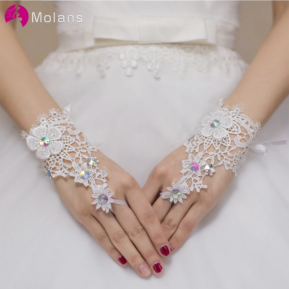 Недорогие свадебные перчатки для невесты без пальцев с бисером и кристаллами