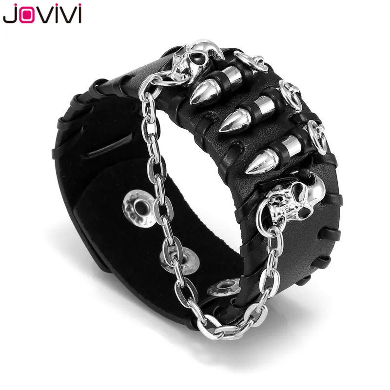 

Jovivi 1pc Mens Metal Black Wide Bullet Skull Cross Chain Cowhide Leather Punk Rock Biker Bracelet Wristband Adjustable 6.5-8"