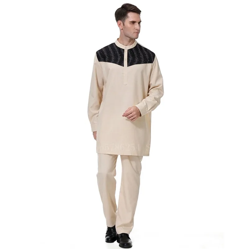 

Men Jubba Thobe Muslim Fashion Islamic Clothing Dubai Kaftan Long Sleeve Top Pants Saudi Arabia Abaya Pakistan Turkey Ramadan