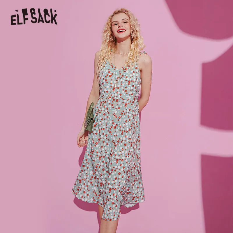 Женское платье с разрезом ELFSACK зеленое Повседневное платье-комбинация ромашками