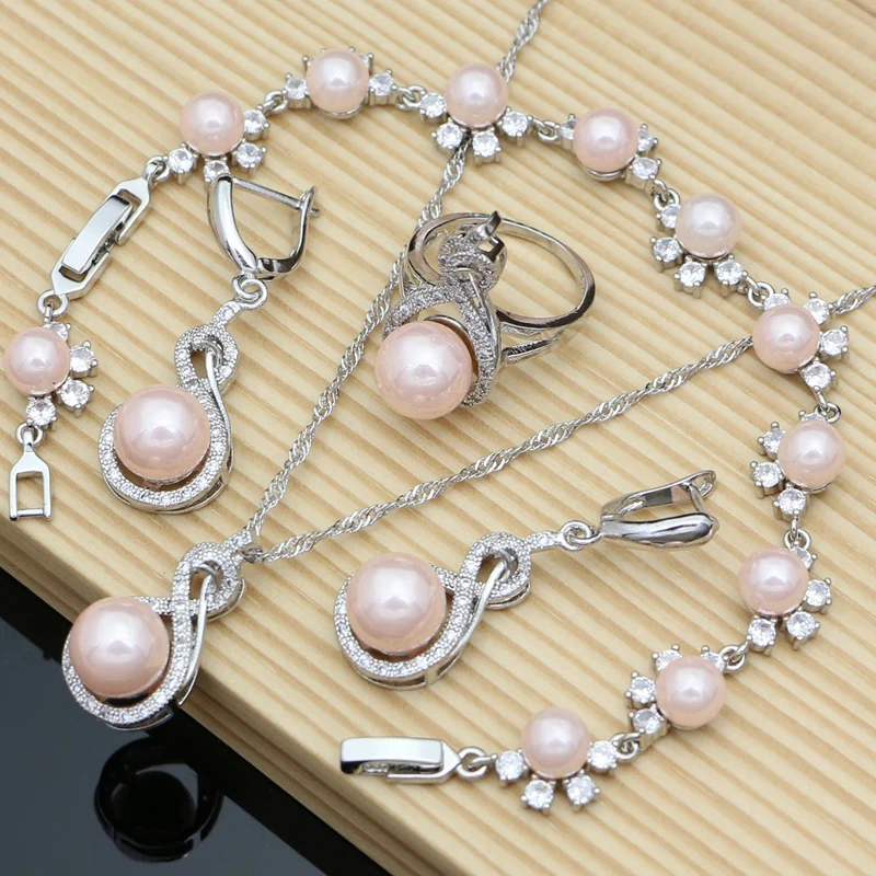 

Pink Pearl Silver 925 Jewelry Set Bracelet Earring Ring Necklace Set for Women Birthday/Anniversary Mother’s Day Elegant Gifts
