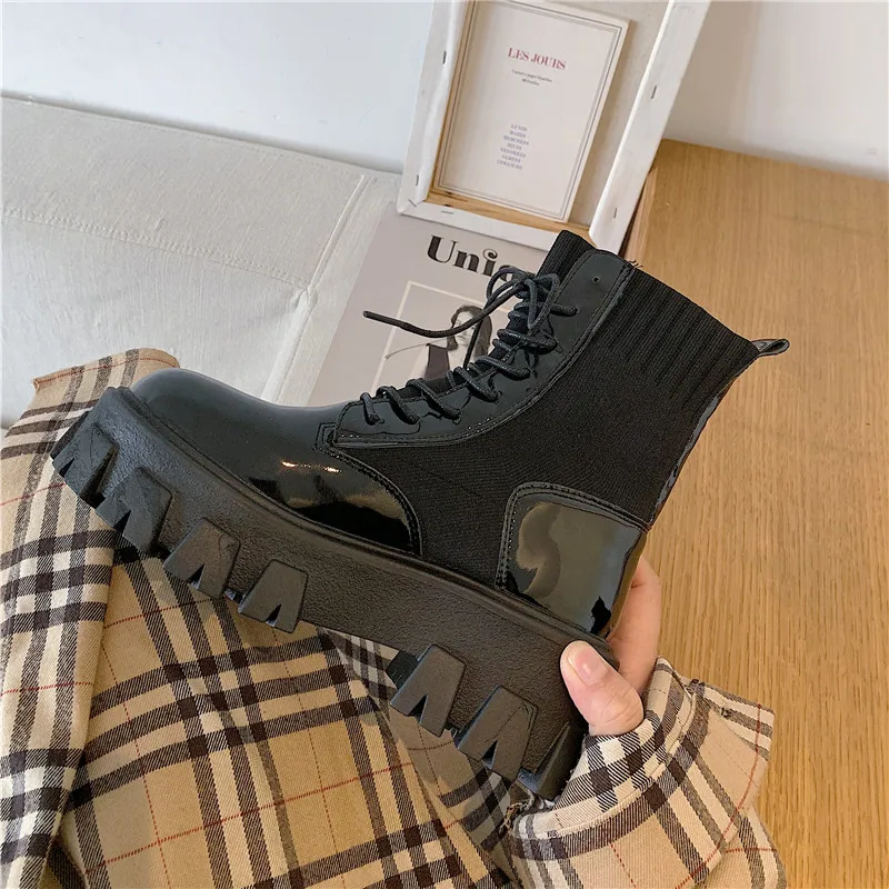 

Women's boots 2021 women's patent leather boots lace-up thick-soled boots women winter warm non-slip short boots women