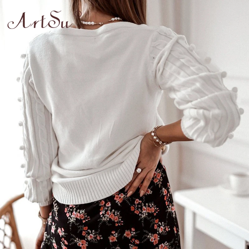 

ArtSu Sexy V-Neck Knitted Women Cardigan Casual Solid White Long Sleeve Sweater Cardigan Elegant Autumn Ladies Jersey Mujer 2020