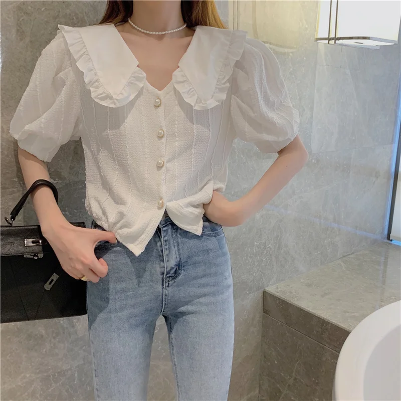 

Peter Pan Collar Puff Sleeve Summer Women Blouses and Shirts Office Casual Tops Lady Blusas