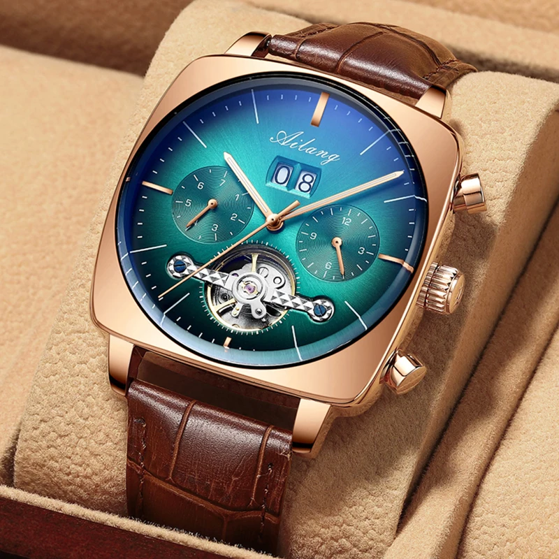 AILANG Mechanical Men Watch Montre Automatique Luxe Chronograph Square Large Dial Watch Hollow Waterproof Mens Fashion Watches