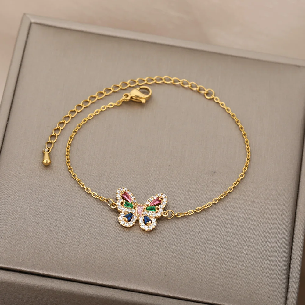 Butterfly Bracelet For Women Sweet Shining Colorful Zircon Stainless Steel Cute Animal Bracelet Accessory Bangle Jewelry Boho