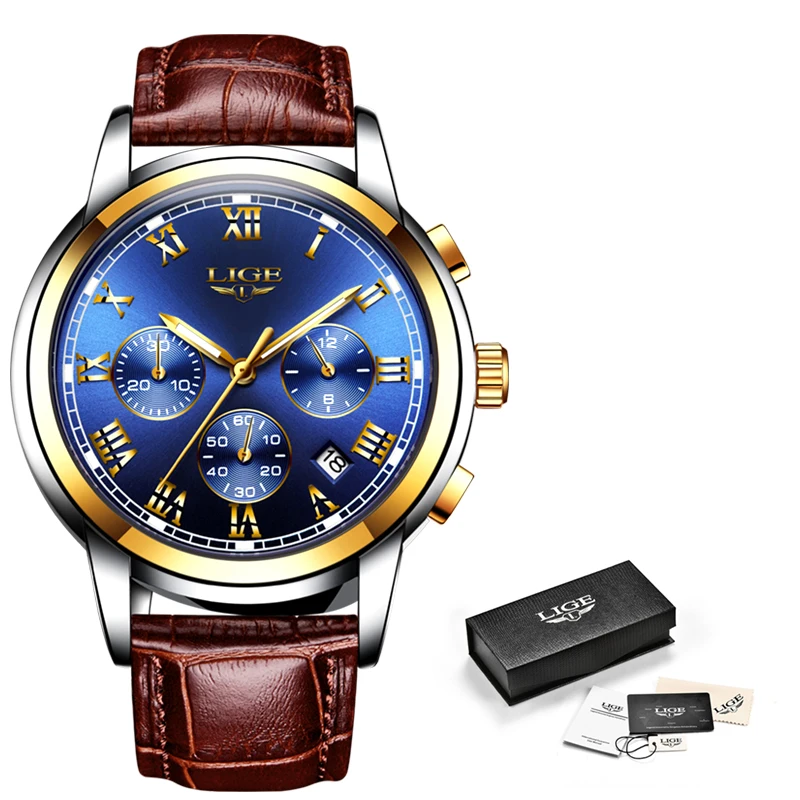 

2020 LIGE Fashion Mens Watches Top Brand Luxury Wrist Watch Men Casual Leather Waterproof Quartz Clock Male Sport Chronograph