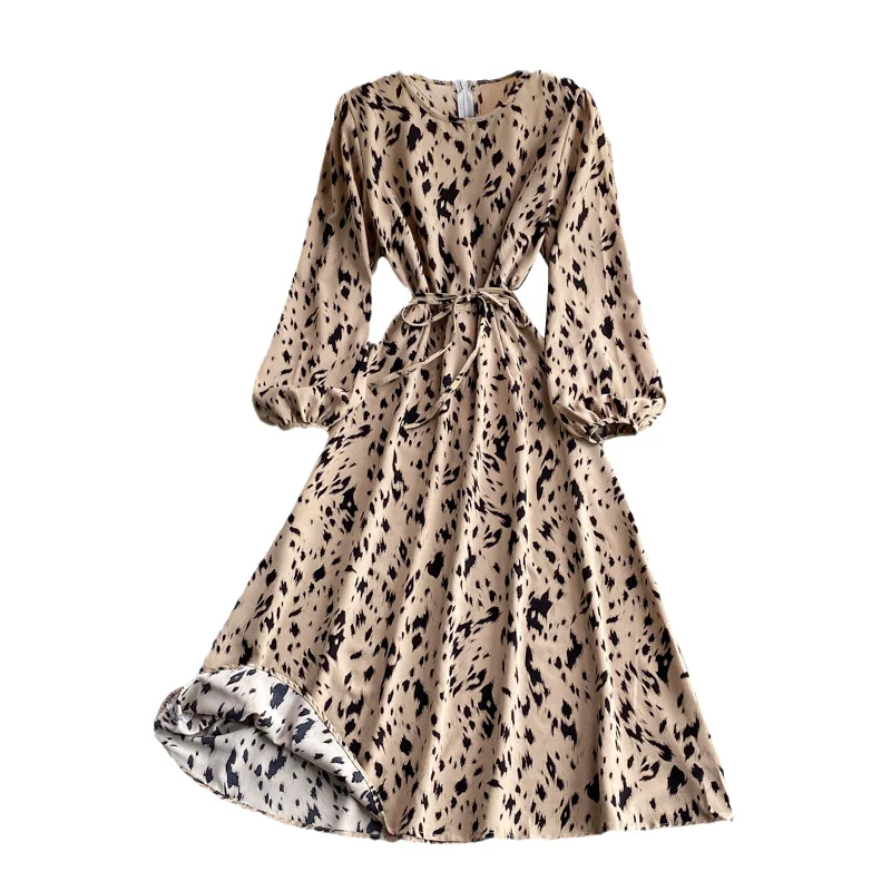 

New French Long Sleeve Leopard Print Dress Women 2021 Spring Autumn Round Neck Waist Close Elegant Big Swing Long Dresses