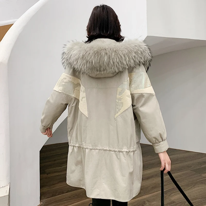 

JCHB 2021 leather genuine Winter New down jacket leather coat Women's Mid-length hooded hooded fur collar fur coat coat fashion