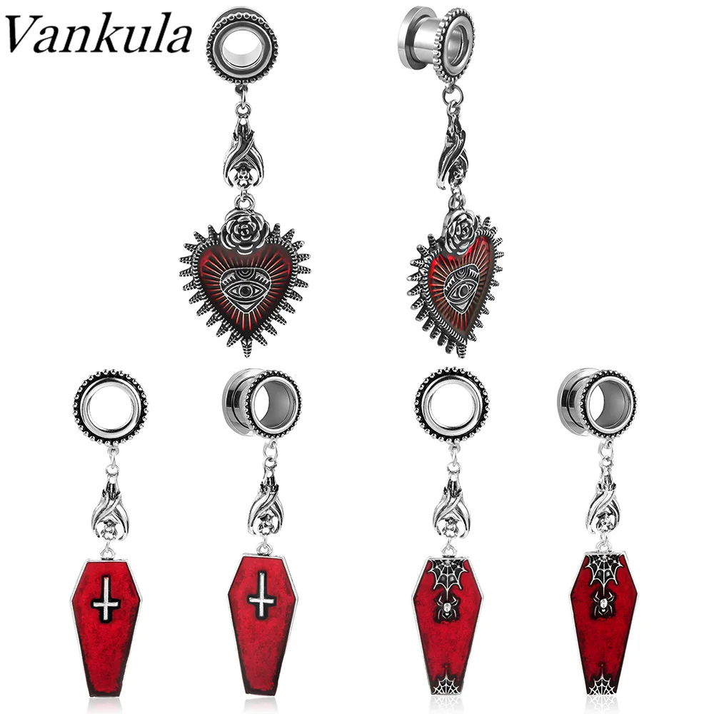 Vankula 2pcs Halloween Dark Gothic Earrings Cross Coffin Thriller Creative Jewelry Wild Rose Heart Blood Eye Drop Oil Spider
