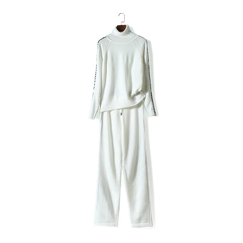 

2020 Limited Wool Winter New Cashmere Suit Woman High Collar Letter Knit Sweater Casual Feet Pants 2 Piece Fashion Two-piece