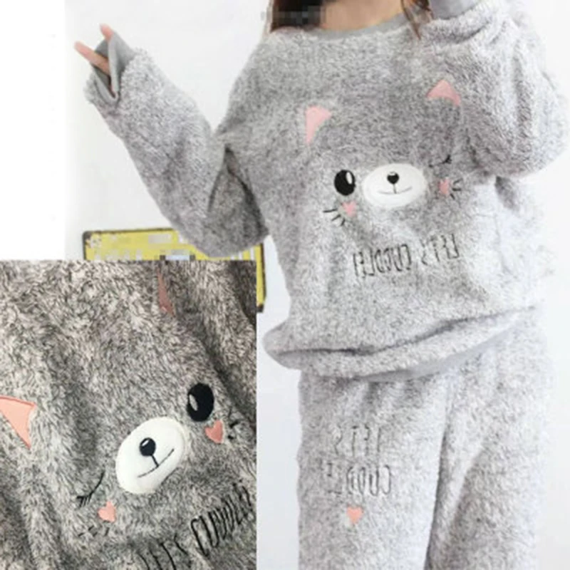 

New 2 Pcs/lot Thick Coral Fleece Women pajamas set Bear Flannel Warm Winter Girls Pyjamas set Lingerie Sleepwear home clothes