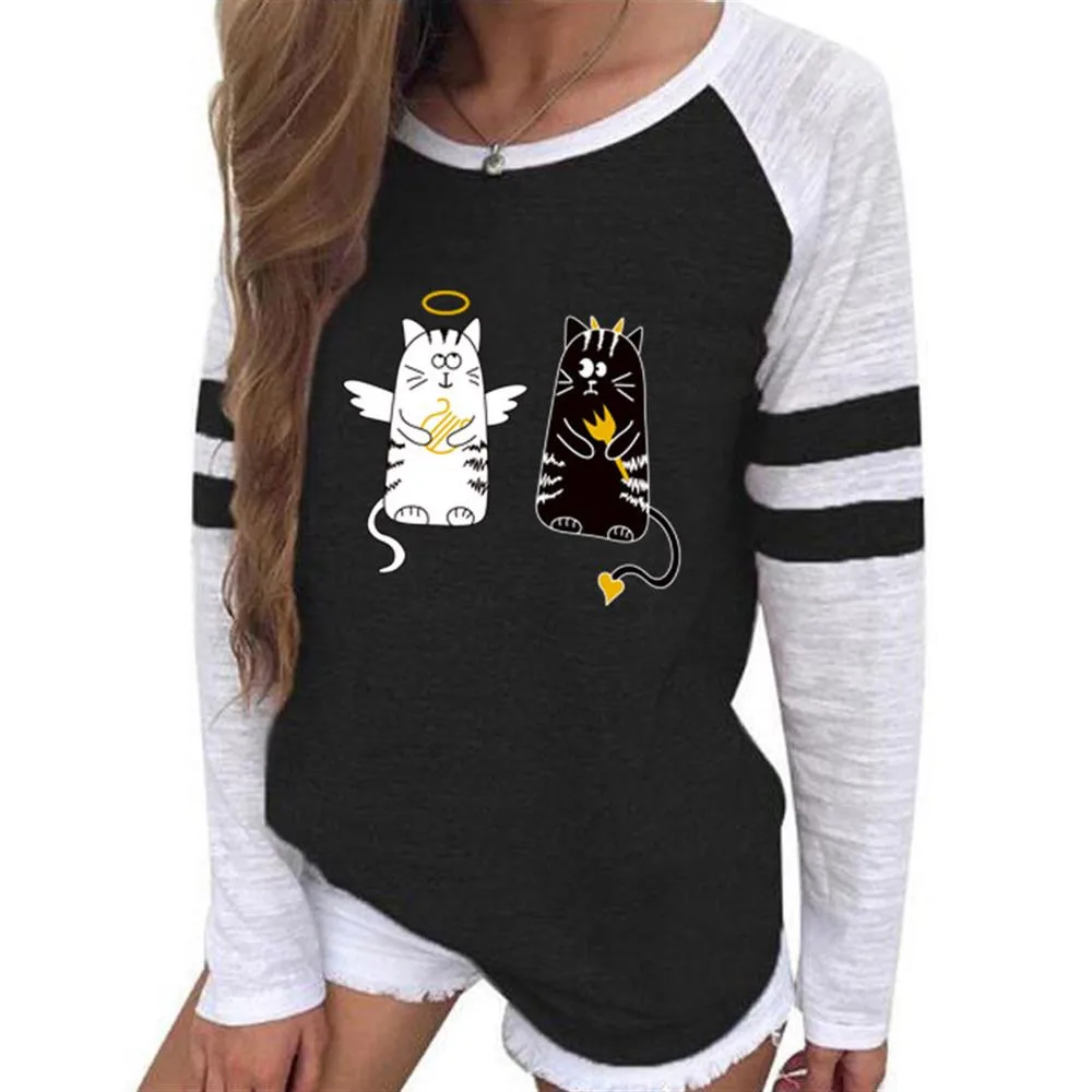 

Round Neck Spring Autumn Long Sleeve Cat Print Patchwork Contrast Vacation Casual Regular Slim Fit Women