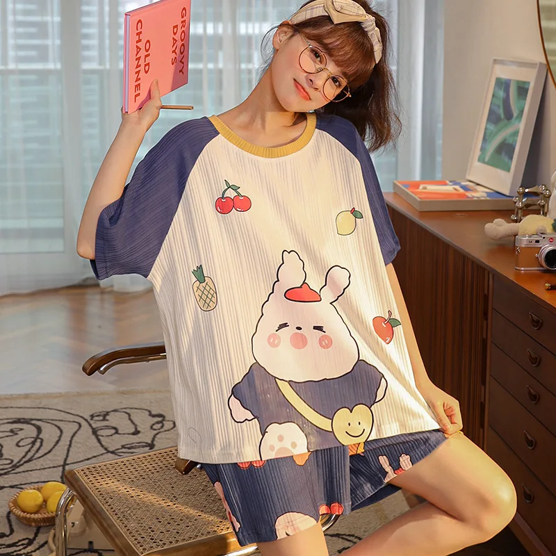 

Pajamas Shorts Female Summer Short Sleeved Pajama Sets for Women Cartoon Printed Sleepwear Plus Size Nightwear Girls Loungewear