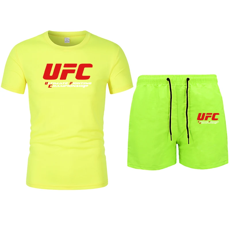

2021 NewBJJ Boxing 2 Pieces Men Sets Male Men Clothing Sportswear Set Fitness Summer Print Men Shorts T shirt Men's SuitUFC