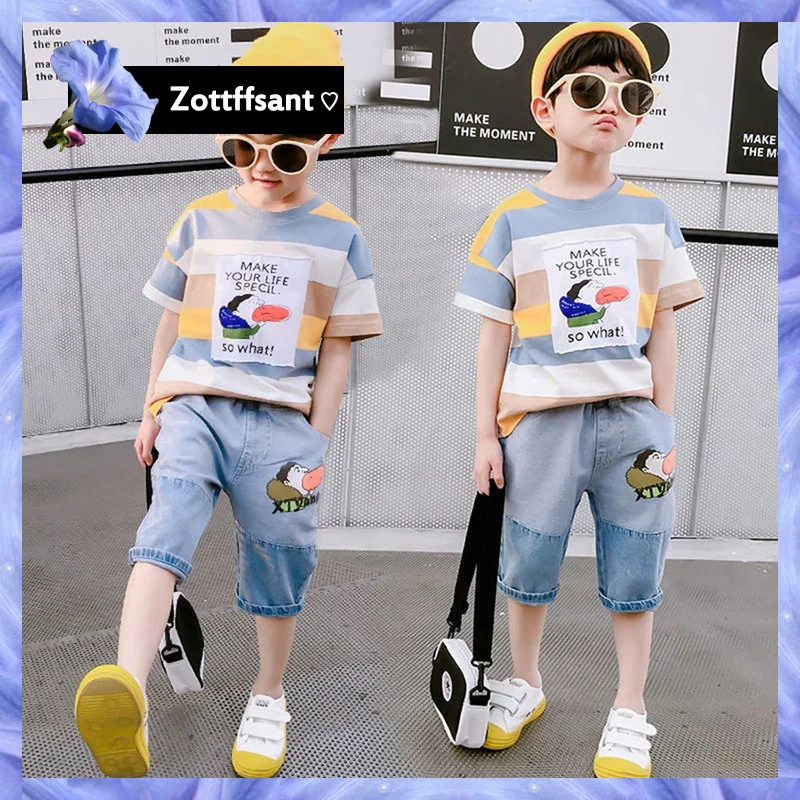 

Boys T shirt + jean shorts Casual Sports Suits 6 8 10 12 Years Kids Clothing Casual Tracksuit 2 Pcs Children Summer Clothes Set