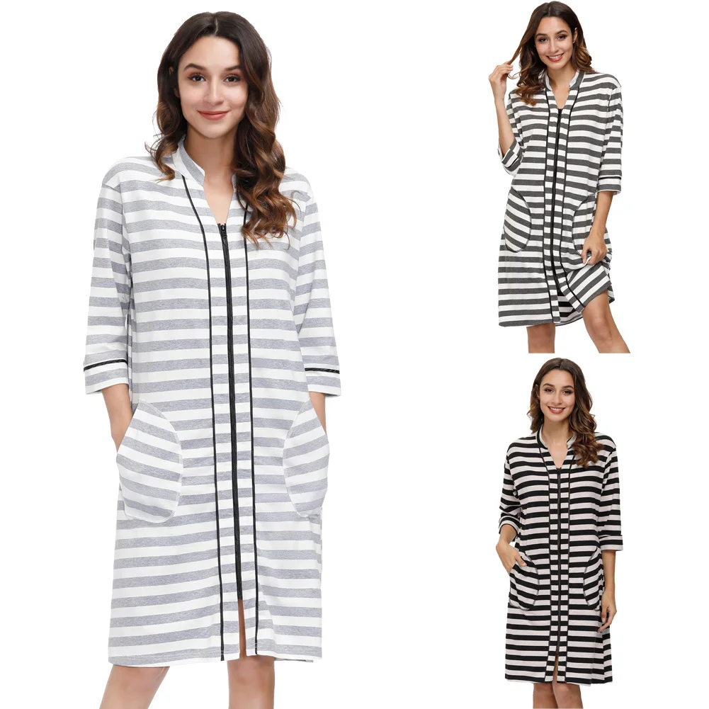 

Autumn Winter Robes Women Zip-Up Sleep Robe Cotton Sleepwear Nightgown 3/4 Sleeve V-Neck Striped Fashion Knee Length Lady Home