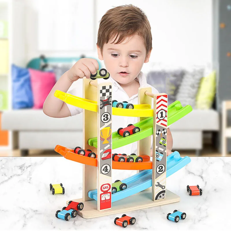

Деревянная игрушечная дорожка, скользящие машины, гонки, 4 слоя, слайдер, лестница, слот, игровой набор для детей, поворот назад, рампа, гоночн...