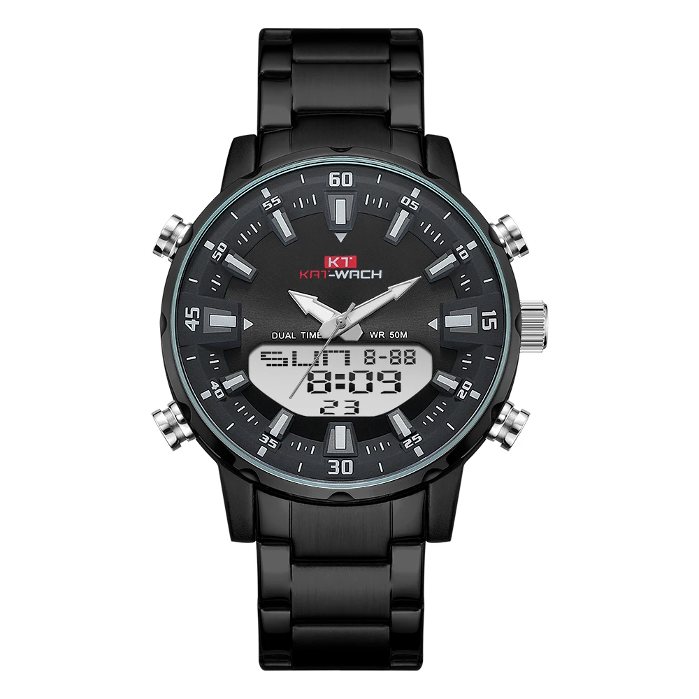 KT1815Black with box KT New Mens Watches with Stainless Steel Dual Display Waterproof 3D Dial Analog Digital Chronograph Male Sport Style KT1815 - Цвет: KT1815Black with box