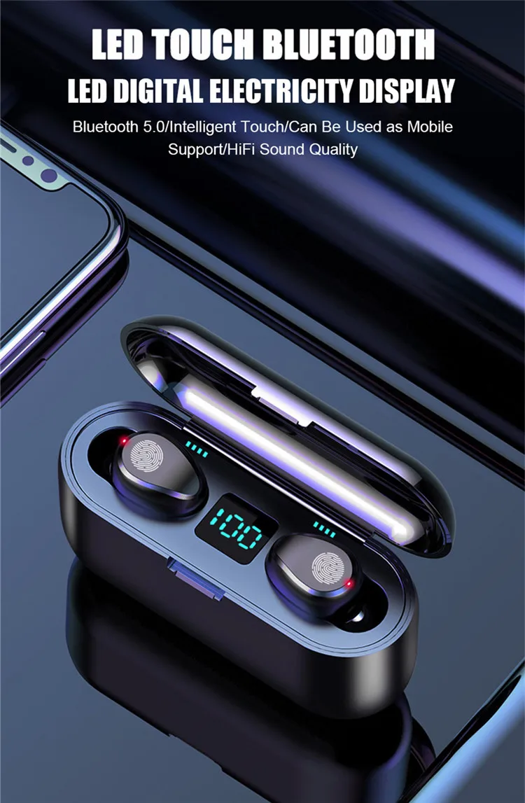 

VMM Led Display Wireless Earphone Bluetooth V5.0 F9 TWS Bluetooth Headphone 2000mah Power Bank Headset with Wireless Microphone