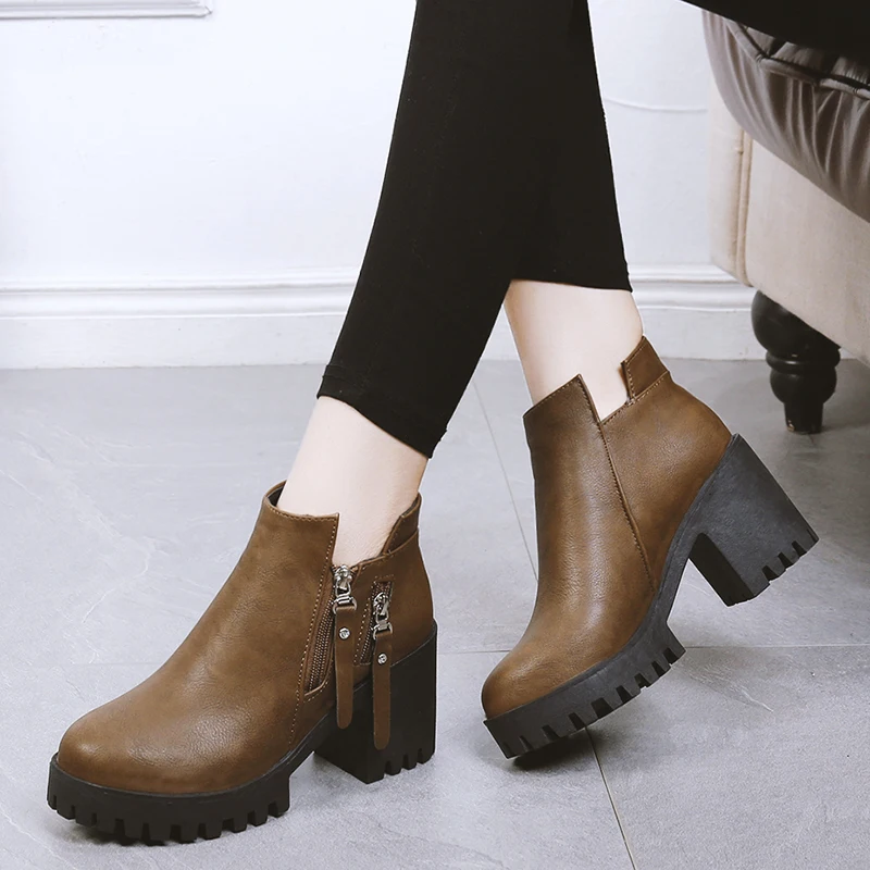 Bootee/женские ботинки г. Женская обувь на низком каблуке сабо на массивном каблуке, на платформе, с круглым носком, женские сапоги до середины икры на высоком каблуке, Осень-зима
