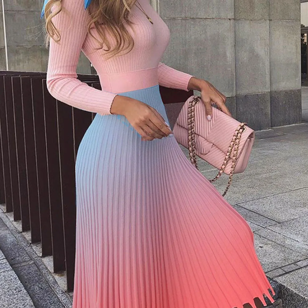 2020 градиентное плиссированное платье-свитер женское модное дизайнерское