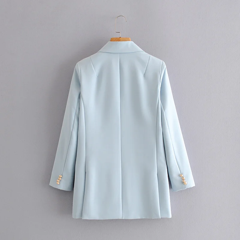 womens blazers jacket autumn new blue metal double-breasted suit collar mid-length temperament blazer women