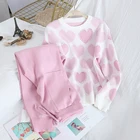 Женский трикотажный комплект из двух предметов, пуловер с принтом в виде сердечек и бисером + брюки с двойными карманами на шнуровке, весна-осень