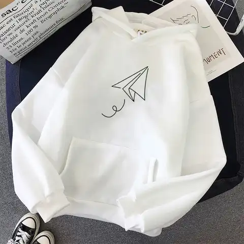Women Oversized Pullovers Harajuku Winter Hoodied Sweatshirt Paper Airplane Print Hoodies Femal Loose Casual Streetwear Clothes