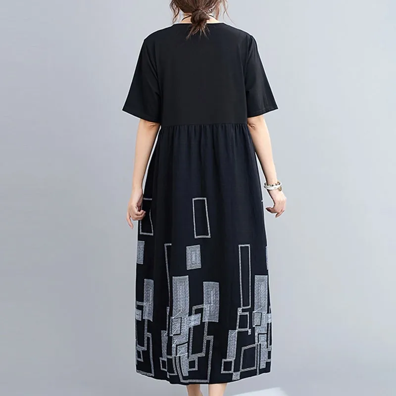 

Women Summer Casual Dress New Arrival 2021 Simple Style Vintage Print Loose Comfortable Ladies Cotton Long Dresses S3104