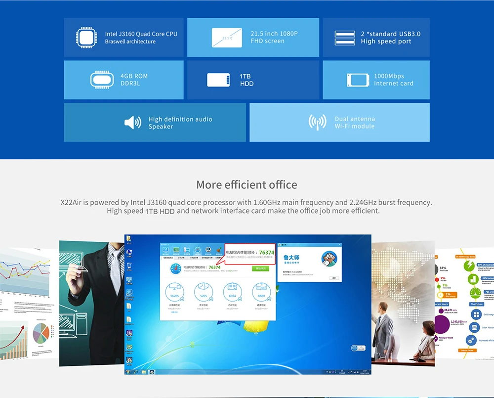 Teclast X22 Air все-в-одном ПК настольный 21,5 Дюймов DOS Intel Celeron J3160 четырехъядерный 1,6 ГГц 4 Гб ram 128 Гб SSD 1 ТБ HDD HDMI