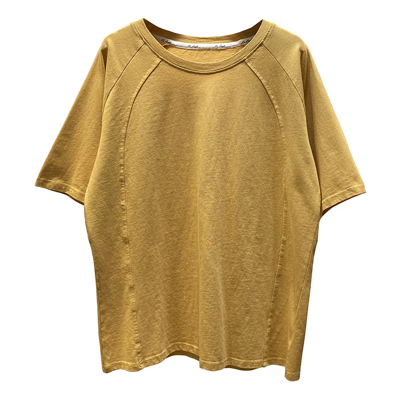 

Women's Korean-Style Basic Style Simple Elegant Round Neck Wrinkles At Shoulder Short-Sleeved T-shirt Patchwork Top Loose