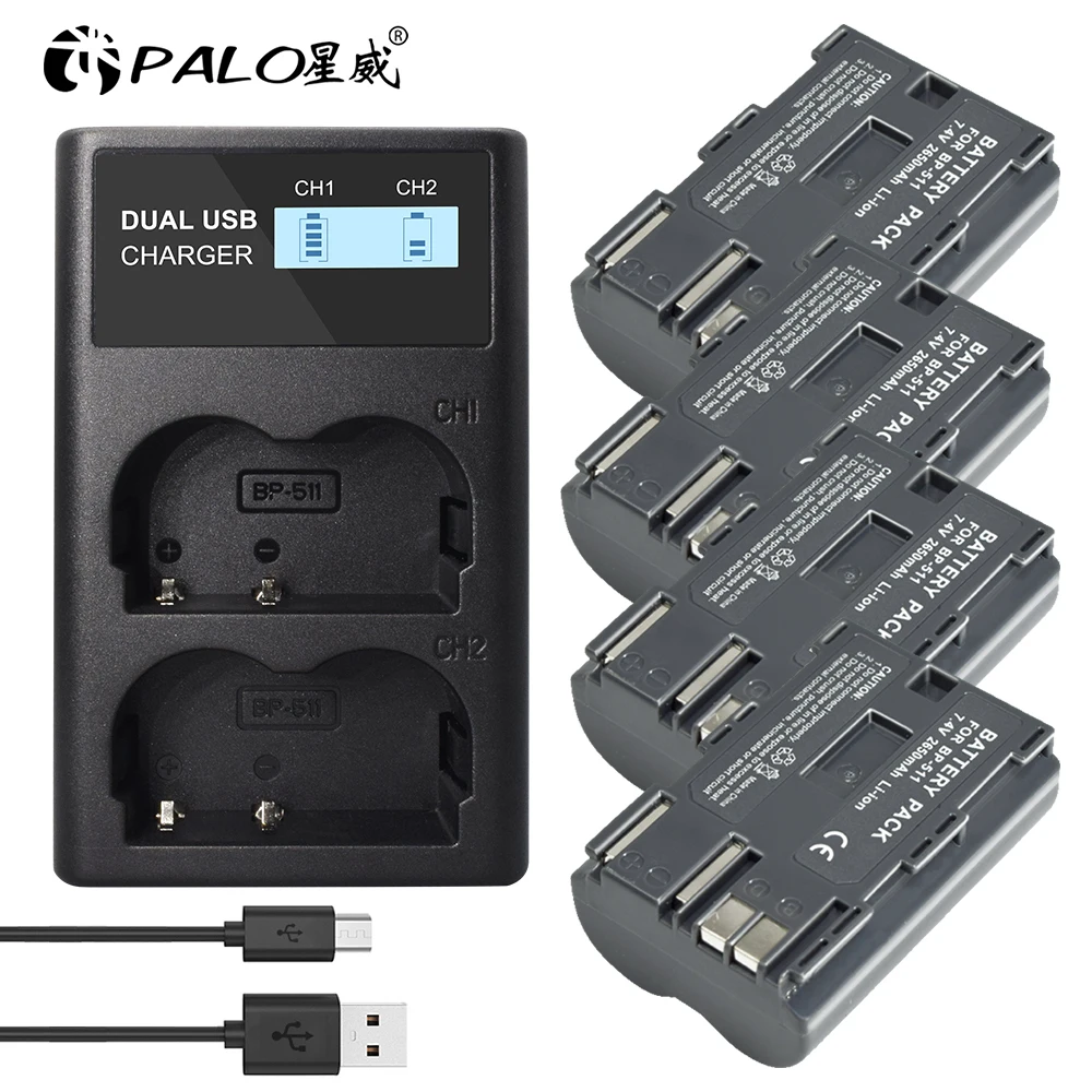 PALO 7 4 В 2650 мАч BP 511A 511 BP511 BP511A батарея + ЖК зарядное устройство USB для камеры Canon EOS 40D