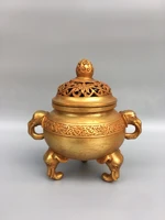 8chinese folk collection old bronze gilt elephant statue trunk binaural three legged incense burner office ornaments town house