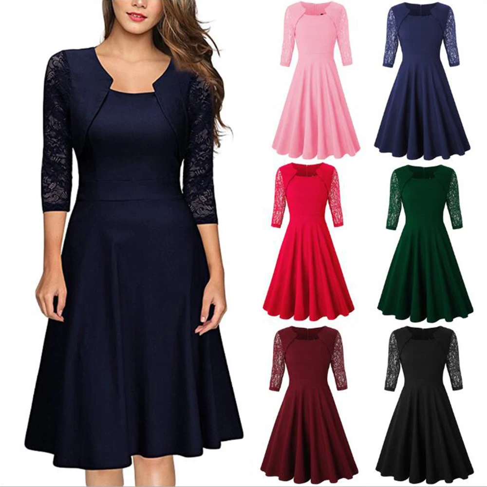 

Vintage Elegant Floral Lace Evening Party Dress Women Sexy Square Collar Three Quarter Office Wear Business Midi Formal Dresses