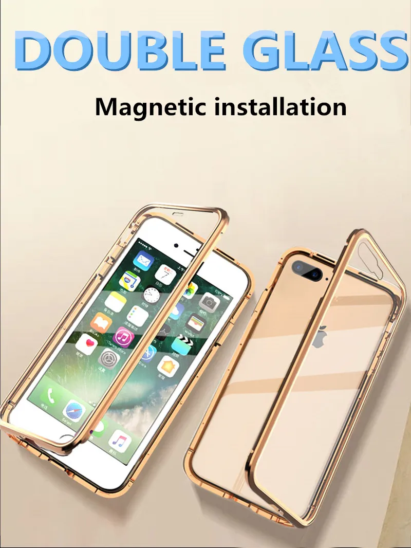 Магнитная Адсорбция металлический чехол для iPhone X 7 8 плюс Двусторонняя закаленное Стекло задний Чехол на магните для iPhone 6 6s X XS Max чехол