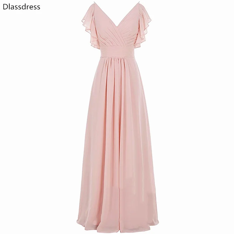 

Простое Новое Вечернее платье-трапеция 2020, розовое шифоновое платье в пол с короткими рукавами и V-образным вырезом, плиссированное платье д...