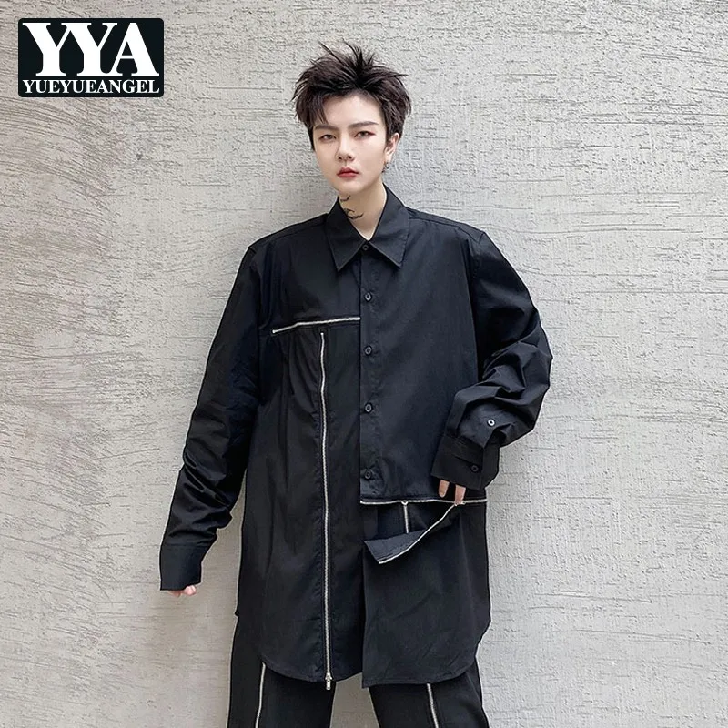 

Autumn New Mens Long Sleeve Casual Shirt Fashion Zippers Spliced Turn-Down Collar Single Breasted Male Vintage Loose Blouse