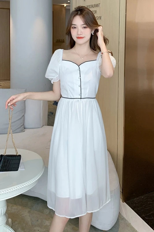 

COIGARSAM French Style Women dress New Summer Puff Sleeve Square Collar Long Dresses White Black 9673