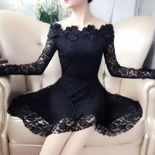 2020 Spring Summer Women Dresses Sexy Slash Neck Floral Lace Dress Female High Waist Long Sleeve A-Line Vestidos DV11 | Женская одежда