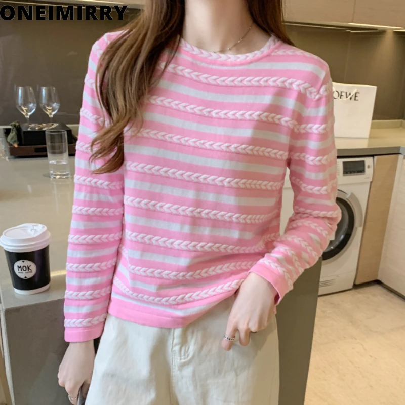 

Oneimirry Fall Winter 2021 Women Clothing Pink Striped Sweater Fashion Knit Base Tops Preppy Style Cute Pullover Sweaters Woman