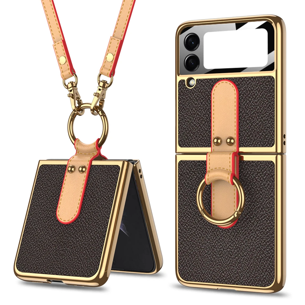 

2022. Case For Samsung Galaxy Z Flip 3 5G Case Luxury Plating Leather Strap Ring Stand Hard Cover For Samsung Z Flip 3 5G