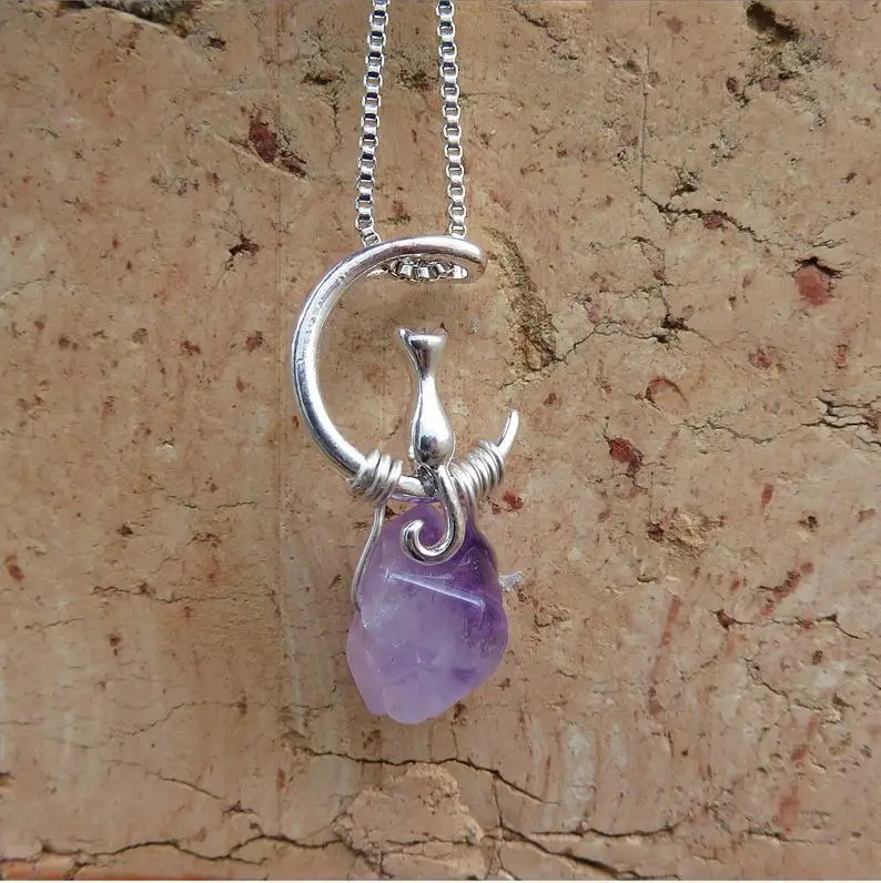 

Cat Amethyst moon Necklace,Moon Cat Necklace, Cat Charm Necklace, Cat and Moon Gift, Cat Jewelry, Cat Lover's gift for her