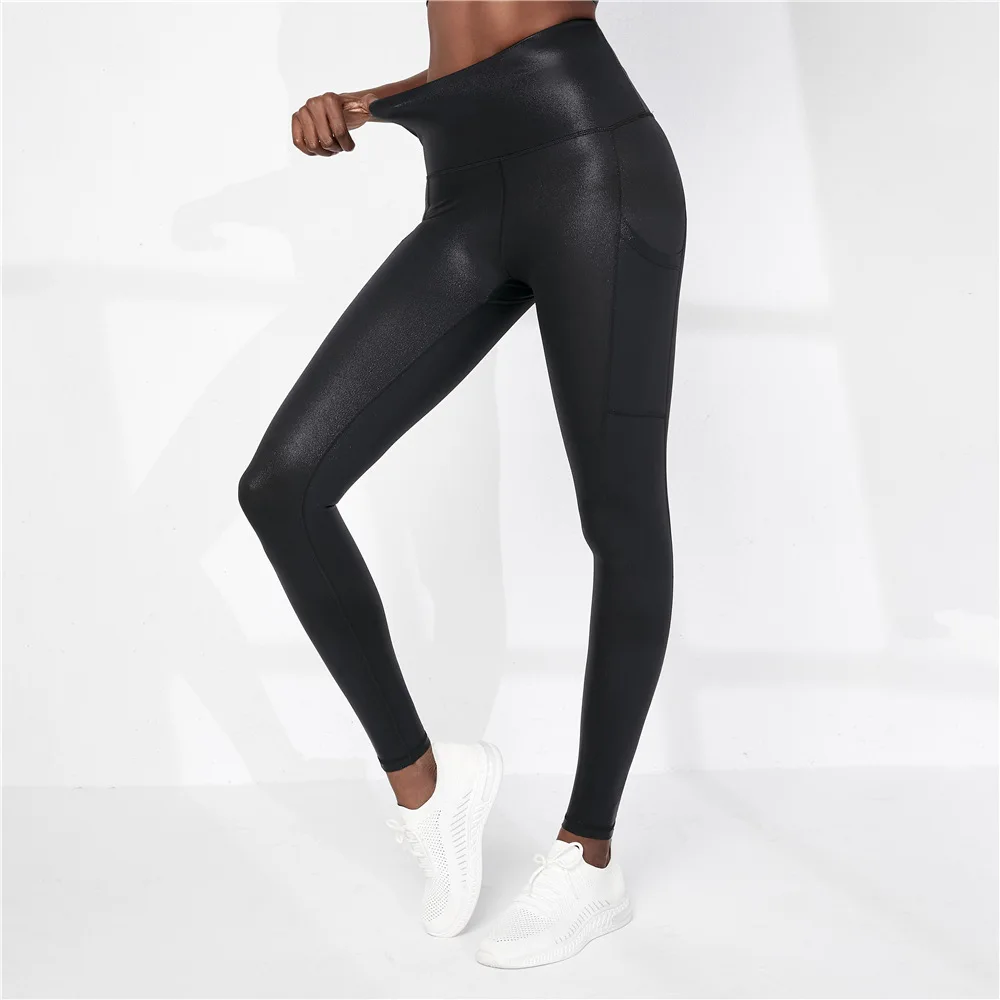 

2021 Yoga Pants Women's High Waist Bright Embossed Sports Breathable Pressed Film Fitness with Pocket Female Casual Trouser