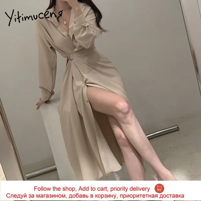 

Yitimuceng Midi Dresses Women Bandage Split Fork Dress High Waist Beige Light Green Black Clothes 2021 Spring Korean Fashion