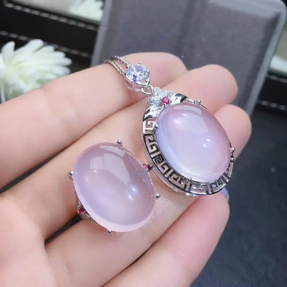 

KJJEAXCMY fine jewelry natural Rose Quartz 925 sterling silver women pendant necklace chain ring set support test trendy