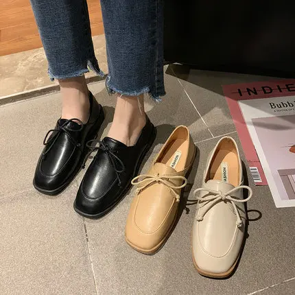 

Small leather shoes 2021 spring and autumn square toe fashion Korean style lace-up all-match soft-soled comfortable flat shoes